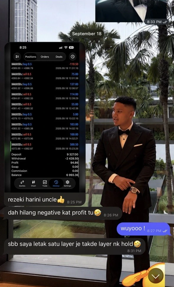 Owner-supplied Telegram feedback with a trade-history screenshot and a discussion about the day’s trading; contact identity removed.